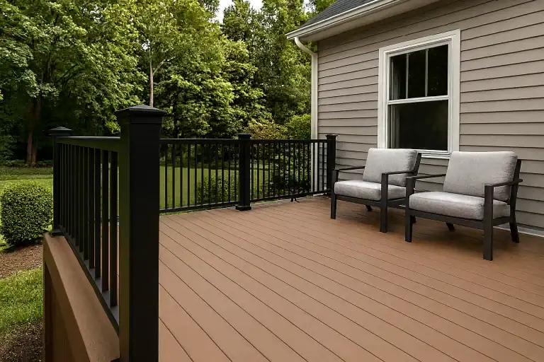 Spacious composite deck with a modern horizontal railing and tree-lined view